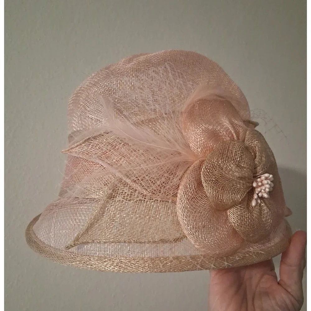 Women's Sinamay Cloche Pink Derby, Church, Wedding Hat Bow Netting Feathers